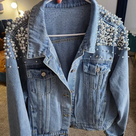 Medium Wash Pearl and Diamond Embellished Denim Jacket - Picture 1 of 6